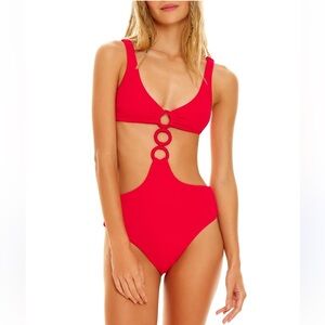 Agua bendita Red One-Piece Cutout Swimsuit with Ring Details